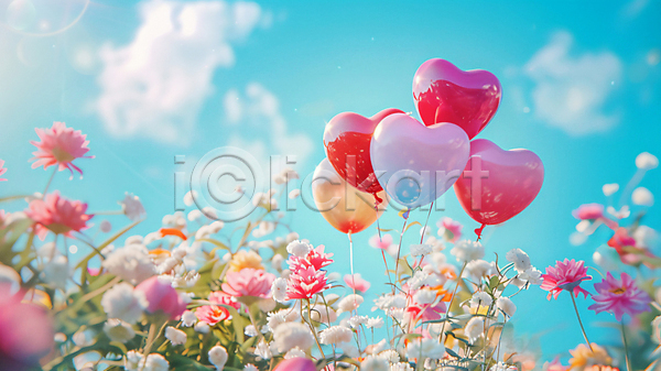 사랑 사람없음 JPG 디지털합성 편집이미지 구름(자연) 꽃밭 봄 야외 자연 하늘 하트풍선 햇빛