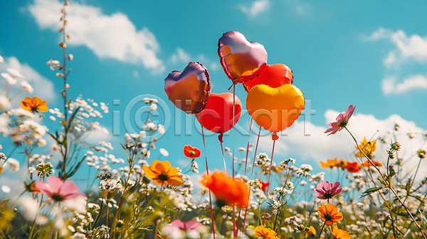 사랑 사람없음 JPG 디지털합성 편집이미지 구름(자연) 꽃밭 봄 야외 자연 주황색 하늘 하트풍선 햇빛