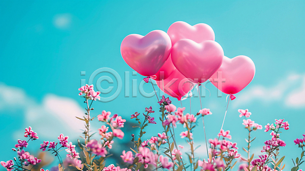 사랑 사람없음 JPG 디지털합성 편집이미지 구름(자연) 꽃밭 봄 분홍색 야외 자연 하늘 하트풍선 햇빛