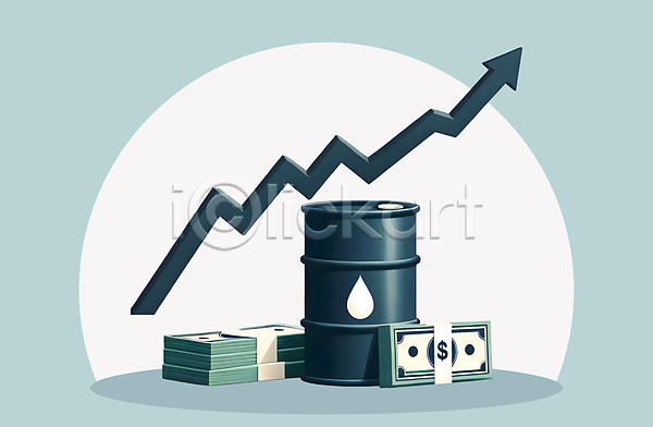 상승 사람없음 JPG 편집이미지 경제 기름값 기름통 달러 돈 석유 석유통 시세 에너지 연료 원자재 자원 지폐 파란색 화살표 휘발유