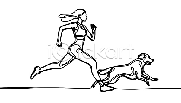 산책 성인 성인여자한명만 여자 한명 AI(파일형식) 라인일러스트 일러스트 개 검은색 단순화된 달리기 드로잉 반려견 운동 운동복 조깅 흰색
