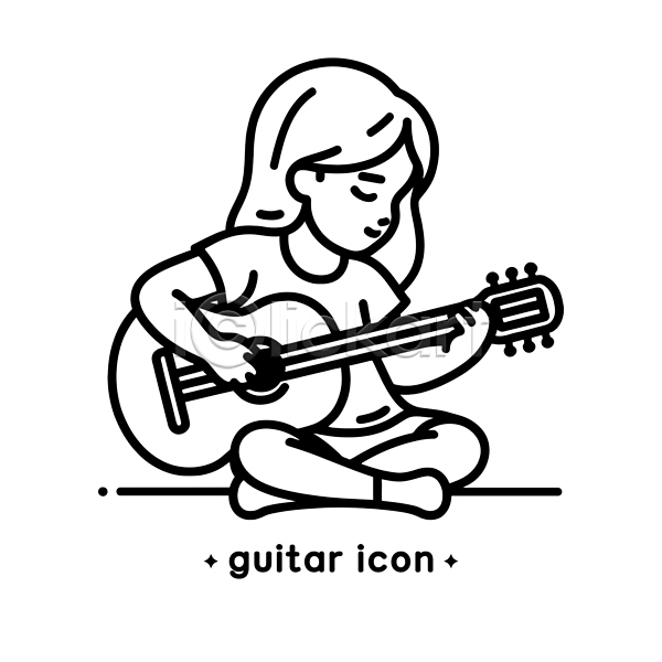 소녀(어린이) 소녀한명만 어린이 여자 한명 AI(파일형식) 라인아이콘 아이콘 기타 들기 악기 앉기 전신 클래식기타
