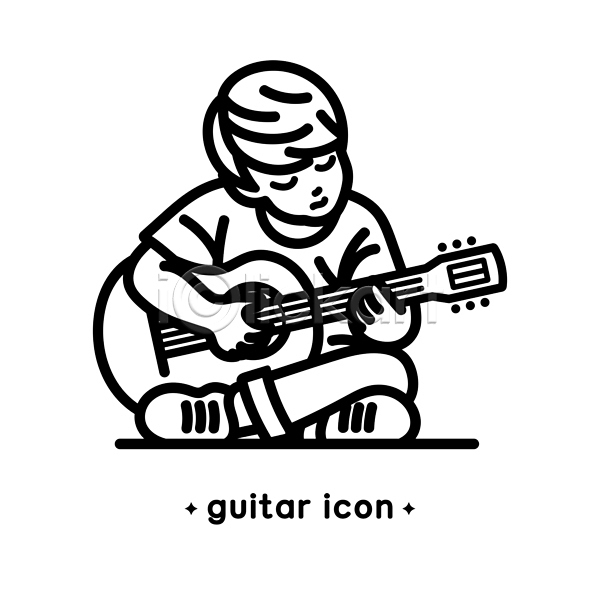 남자 소년 소년한명만 어린이 한명 AI(파일형식) 라인아이콘 아이콘 기타 들기 악기 앉기 전신 클래식기타