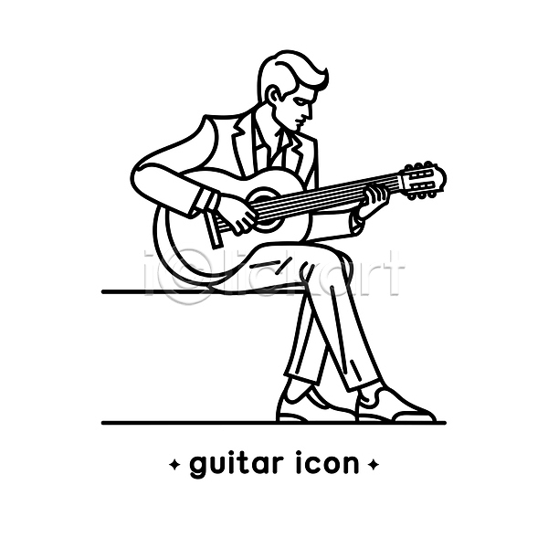 남자 성인 성인남자한명만 한명 AI(파일형식) 라인아이콘 아이콘 기타 들기 악기 앉기 연주 전신 클래식기타