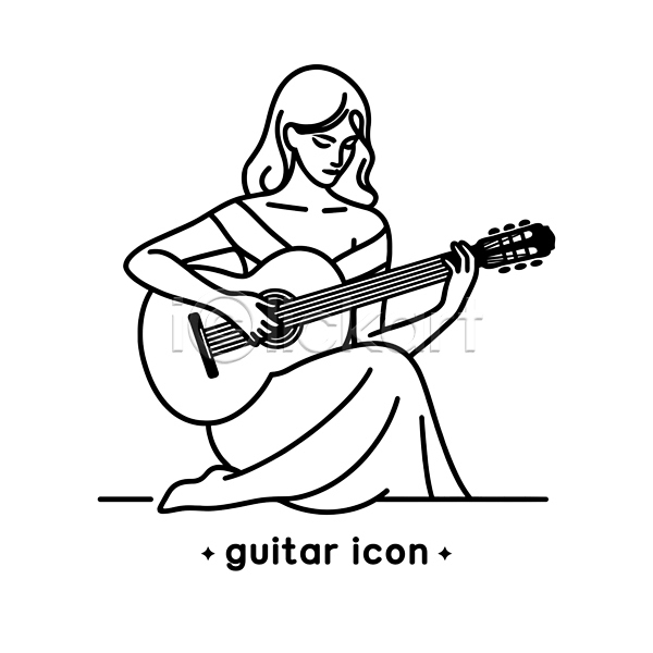 성인 성인여자한명만 여자 한명 AI(파일형식) 라인아이콘 아이콘 기타 들기 악기 앉기 연주 전신 클래식기타