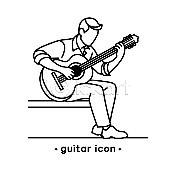 남자 성인 성인남자한명만 한명 AI(파일형식) 라인아이콘 아이콘 기타 들기 악기 앉기 연주 전신 클래식기타