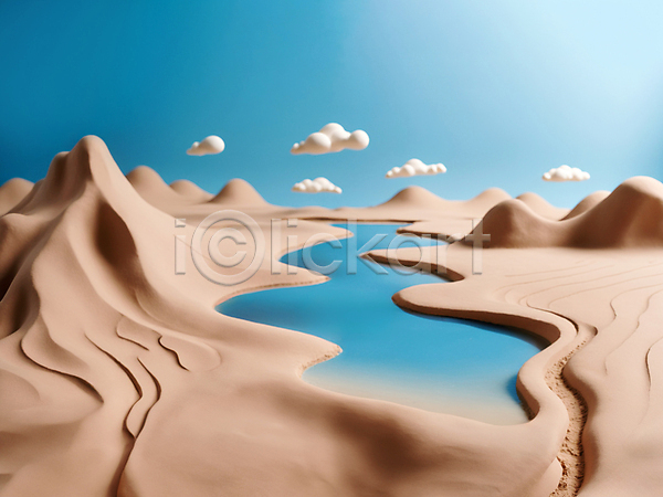 사람없음 JPG 디지털합성 편집이미지 맑음 모래 물 미니멀 사막 자연 점토 클레이아트 편집소스 하늘