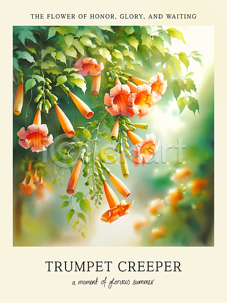 사람없음 PSD 편집이미지 꽃 능소화 수채화(물감) 여름(계절) 연두색 주황색 포스터