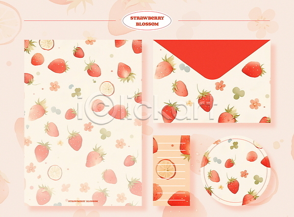 사람없음 PSD 일러스트 꽃 꽃잎 디자인 딸기 문구용품 봄 봉투 빨간색 세트 스티커 패턴 편지지