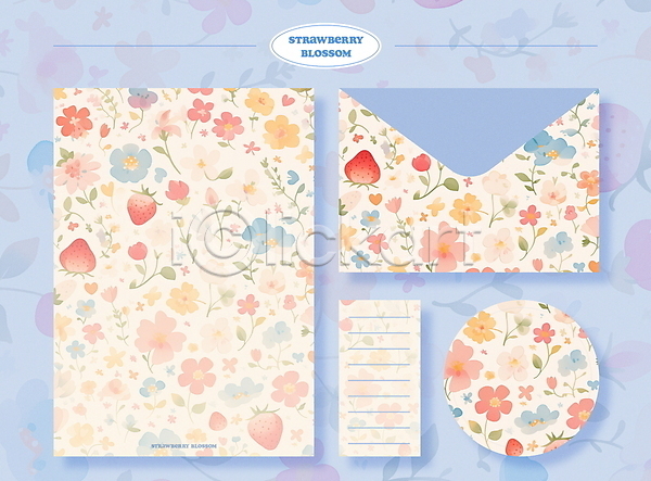 사람없음 PSD 일러스트 꽃 꽃잎 디자인 딸기 문구용품 봄 봉투 세트 스티커 패턴 편지지 하늘색
