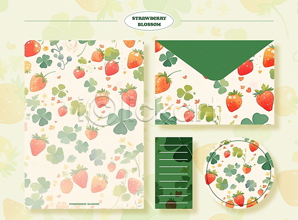 행운 사람없음 PSD 일러스트 네잎클로버 디자인 딸기 문구용품 봄 봉투 세트 스티커 초록색 패턴 편지지