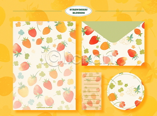 사람없음 PSD 일러스트 꽃 꽃잎 노란색 디자인 딸기 문구용품 봄 봉투 세트 스티커 패턴 편지지
