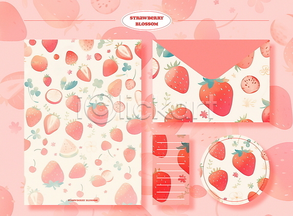 사람없음 PSD 일러스트 꽃 꽃잎 디자인 딸기 문구용품 봄 봉투 분홍색 세트 스티커 패턴 편지지