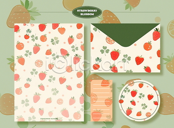 사람없음 PSD 일러스트 디자인 딸기 문구용품 봄 봉투 세트 스티커 초록색 패턴 편지지