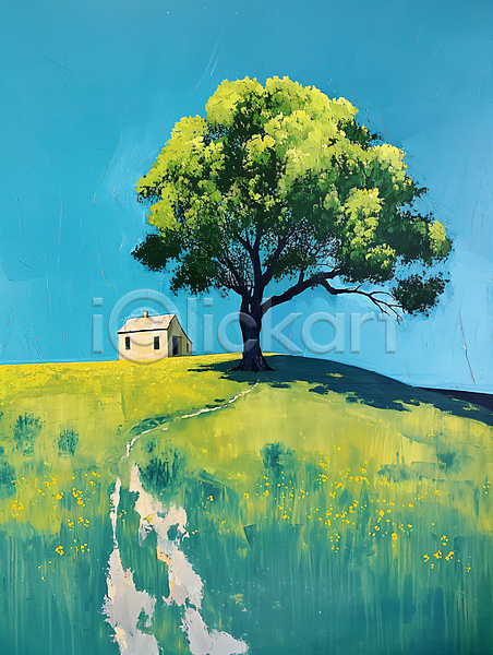 평화 사람없음 JPG 디지털합성 편집이미지 길 나무 목가 백그라운드 심플 언덕 자연 주택 초록색 파란색 편집소스 풍경(경치) 하늘 화창