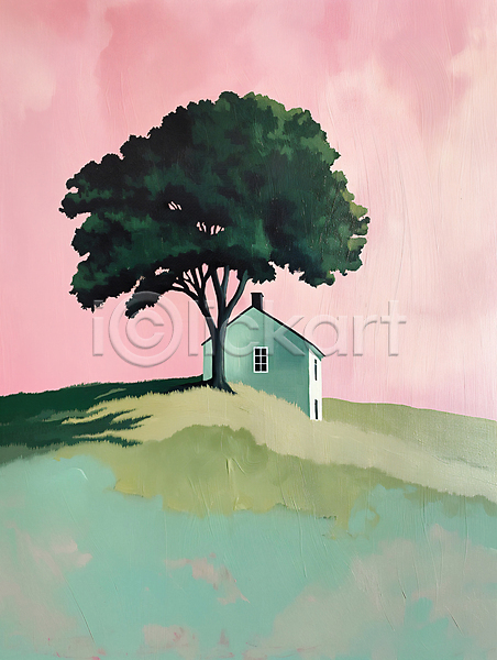 평화 사람없음 JPG 디지털합성 편집이미지 길 나무 목가 백그라운드 분홍색 심플 언덕 자연 주택 초록색 편집소스 풍경(경치) 하늘 화창