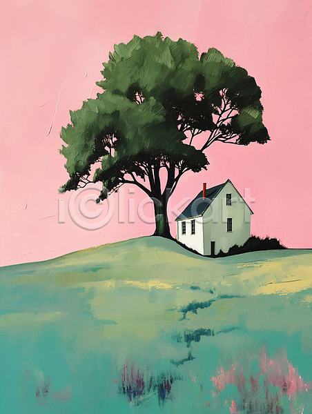 평화 사람없음 JPG 디지털합성 편집이미지 길 나무 목가 백그라운드 분홍색 심플 언덕 자연 주택 초록색 편집소스 풍경(경치) 하늘 화창