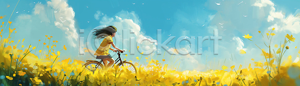 행복 활기 소녀(어린이) 소녀한명만 어린이 여자 한명 JPG 디지털합성 일러스트 꽃 노란색 밝음 백그라운드 승차 여름(계절) 자전거 전신 하늘