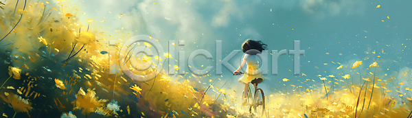 행복 활기 소녀(어린이) 소녀한명만 어린이 여자 한명 JPG 디지털합성 일러스트 꽃 노란색 밝음 백그라운드 승차 여름(계절) 자전거 전신 하늘