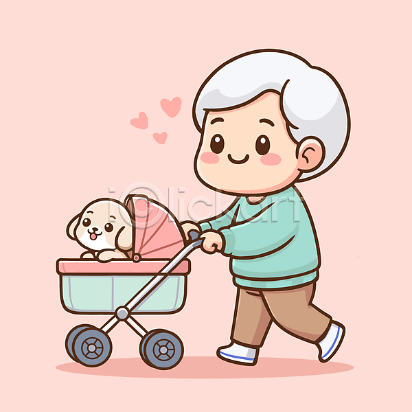 산책 행복 남자 노년 노인남자한명만 한명 AI(파일형식) 일러스트 강아지 개모차 반려견 분홍색 전신 할아버지