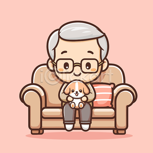 행복 휴식 남자 노년 노인남자한명만 한명 AI(파일형식) 일러스트 강아지 반려견 분홍색 소파 안기 앉기 전신 할아버지