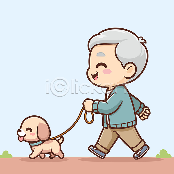 산책 행복 남자 노년 노인남자한명만 한명 AI(파일형식) 일러스트 강아지 목줄 반려견 잡기 전신 하늘색 할아버지