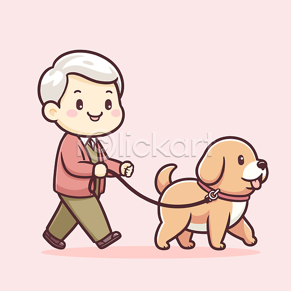 산책 행복 남자 노년 노인남자한명만 한명 AI(파일형식) 일러스트 강아지 목줄 분홍색 잡기 전신 할아버지