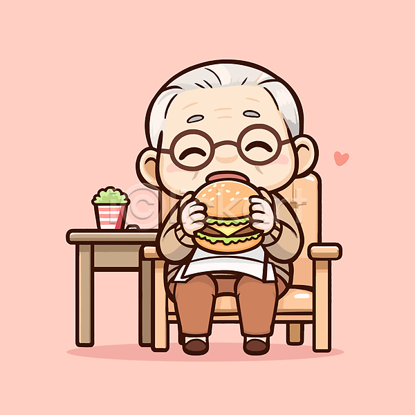 기쁨 행복 남자 노년 노인남자한명만 한명 AI(파일형식) 일러스트 들기 먹기 분홍색 식사 식탁 전신 할아버지 햄버거