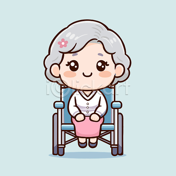 행복 노년 노인여자한명만 여자 한명 AI(파일형식) 일러스트 앉기 전신 하늘색 할머니 휠체어
