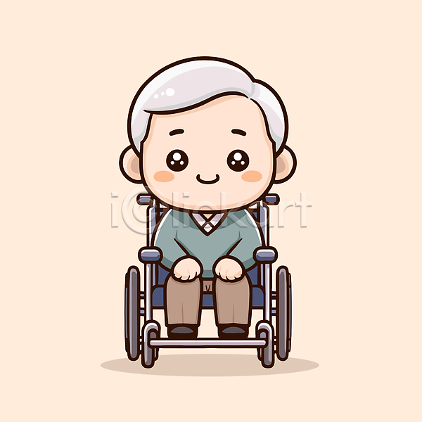 행복 남자 노년 노인남자한명만 한명 AI(파일형식) 일러스트 노화 베이지색 앉기 웃음 전신 할아버지 휠체어