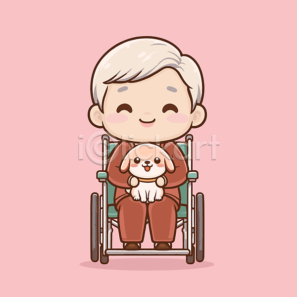 사랑 행복 남자 노년 노인남자한명만 한명 AI(파일형식) 일러스트 강아지 동반 반려견 분홍색 앉기 전신 친구 할아버지 휠체어