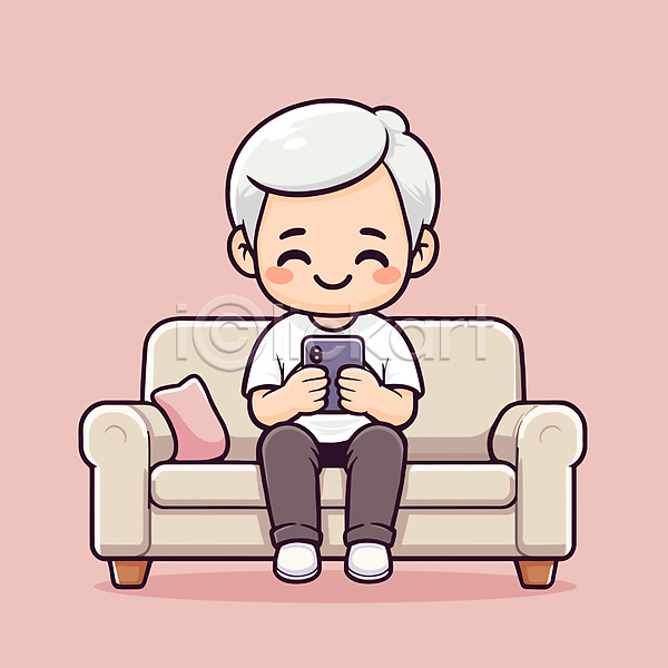 소통 행복 휴식 남자 노년 노인남자한명만 한명 AI(파일형식) 일러스트 들기 분홍색 소파 스마트폰 전신 할아버지