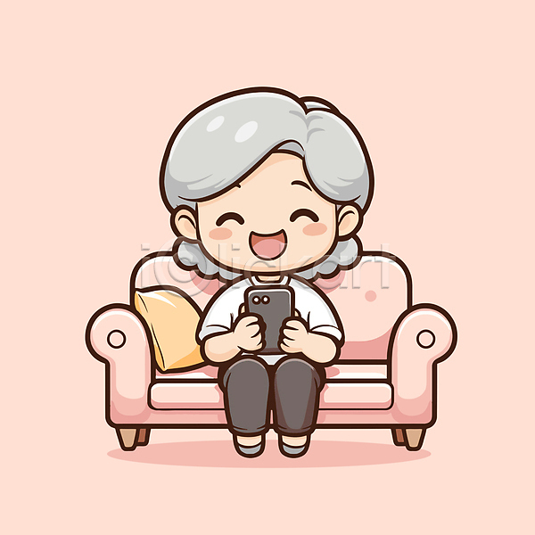소통 행복 휴식 노년 노인여자한명만 여자 한명 AI(파일형식) 일러스트 들기 분홍색 소파 스마트폰 전신 할머니