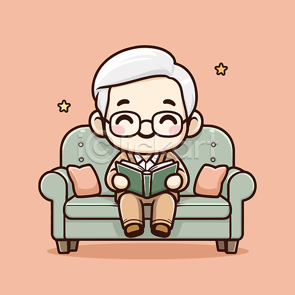 행복 휴식 남자 노년 노인남자한명만 한명 AI(파일형식) 일러스트 교양 독서 들기 문화 살구색 소파 앉기 전신 할아버지
