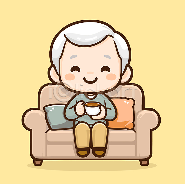 여유 행복 휴식 남자 노년 노인남자한명만 한명 AI(파일형식) 일러스트 노란색 들기 소파 앉기 전신 커피 커피잔 할아버지