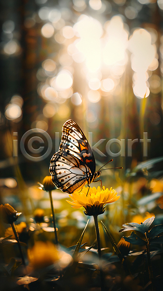 분위기 사람없음 JPG 편집이미지 꽃 나무 나비 노란색 백그라운드 보케 봄 숲속 카피스페이스 햇빛