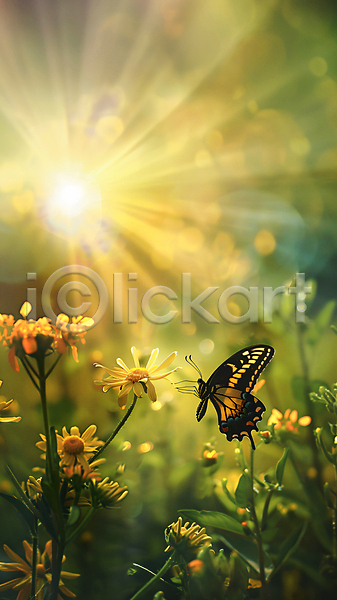 분위기 사람없음 JPG 편집이미지 꽃 나비 노란색 백그라운드 봄 카피스페이스 햇빛