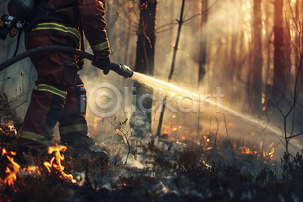 남자 성인 성인남자한명만 한명 JPG 디지털합성 편집이미지 나무 들기 물 불 산 산불 소방관 소방호스 숲 자연재해 진화(소방) 하반신 화재진압
