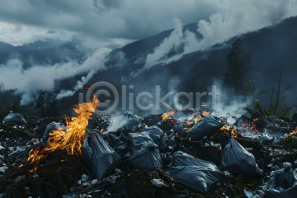 사람없음 JPG 디지털합성 편집이미지 불 산 산불 숲 쓰레기 연기 재해 화재