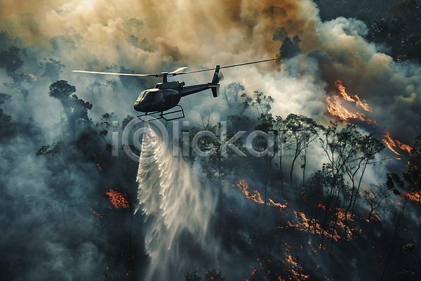 사람없음 JPG 디지털합성 편집이미지 물 불 산 산불 소방헬리콥터 숲 연기 자연재해 진화(소방) 헬리콥터 화재진압