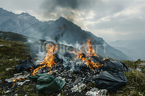 사람없음 JPG 디지털합성 편집이미지 구름(자연) 불 산 산불 숲 쓰레기 연기 재해 진화(소방) 하늘 화재진압