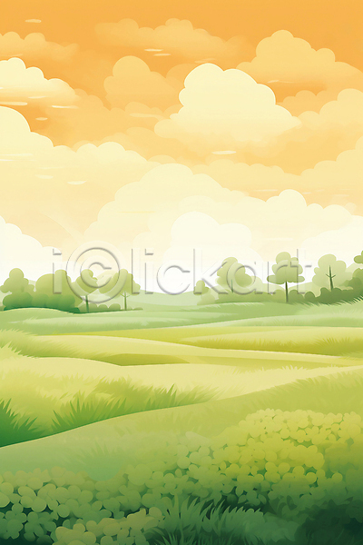 고요 사람없음 JPG 일러스트 구름(자연) 나무 노을 오후 자연 주황색 초원(자연) 풍경(경치) 하늘