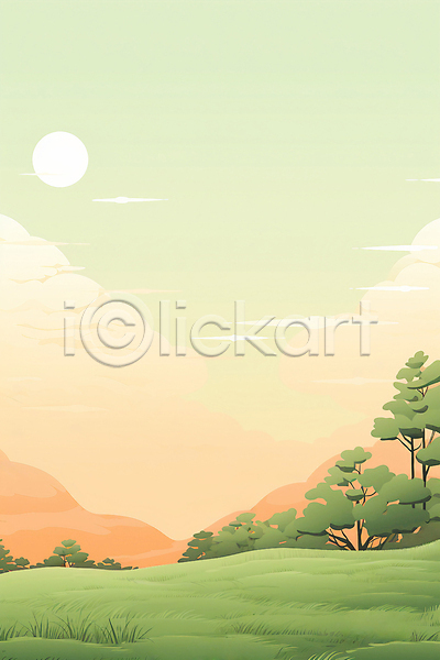 고요 사람없음 JPG 일러스트 구름(자연) 나무 노을 오후 자연 주황색 초원(자연) 태양 풍경(경치) 하늘