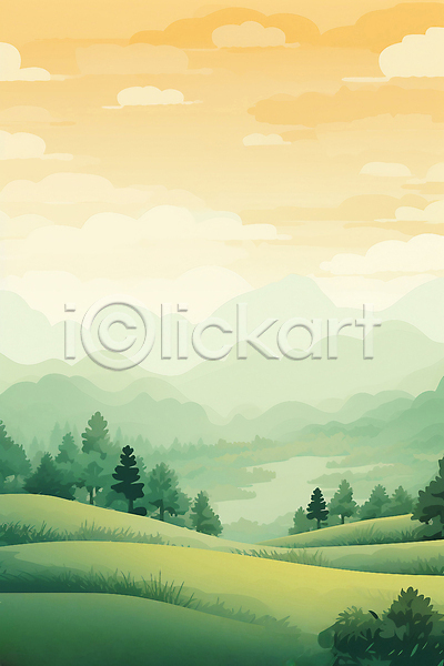 고요 사람없음 JPG 일러스트 구름(자연) 나무 노을 오후 자연 주황색 초원(자연) 풍경(경치) 하늘