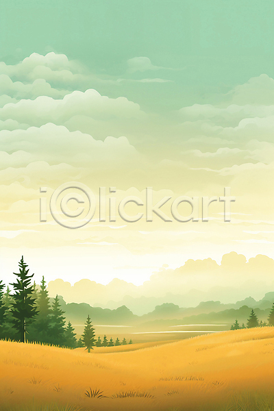 고요 사람없음 JPG 일러스트 구름(자연) 나무 노을 오후 자연 초록색 초원(자연) 풍경(경치) 하늘