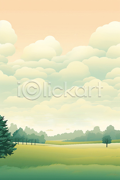 고요 사람없음 JPG 일러스트 구름(자연) 나무 오후 자연 초록색 초원(자연) 풍경(경치) 하늘