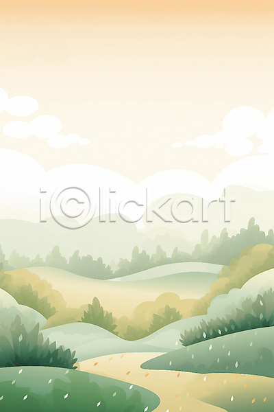 고요 사람없음 JPG 일러스트 구름(자연) 나무 오후 자연 주황색 초원(자연) 풍경(경치) 하늘