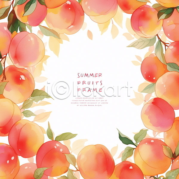 달콤 사람없음 PSD 일러스트 백그라운드 복숭아 분홍색 수채화(물감) 여름(계절) 카피스페이스 풀잎 프레임