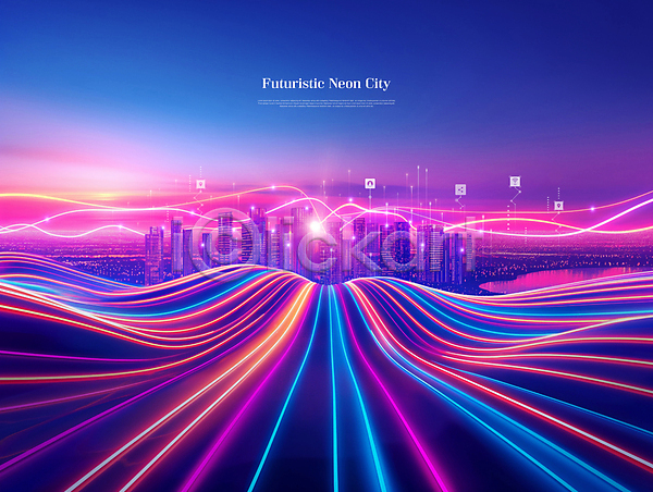 미래 사람없음 PSD 편집이미지 과학기술 그래픽 네온 네트워크 도시 디지털 미래도시 보라색 선 홀로그램