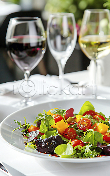 신선 사람없음 JPG 편집이미지 건강 샐러드 소스(음식) 식사 와인 와인잔 접시 채소